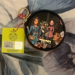 Nicole Lee Round Black Multicolor Cartoon Print Coin Pouch Keychain